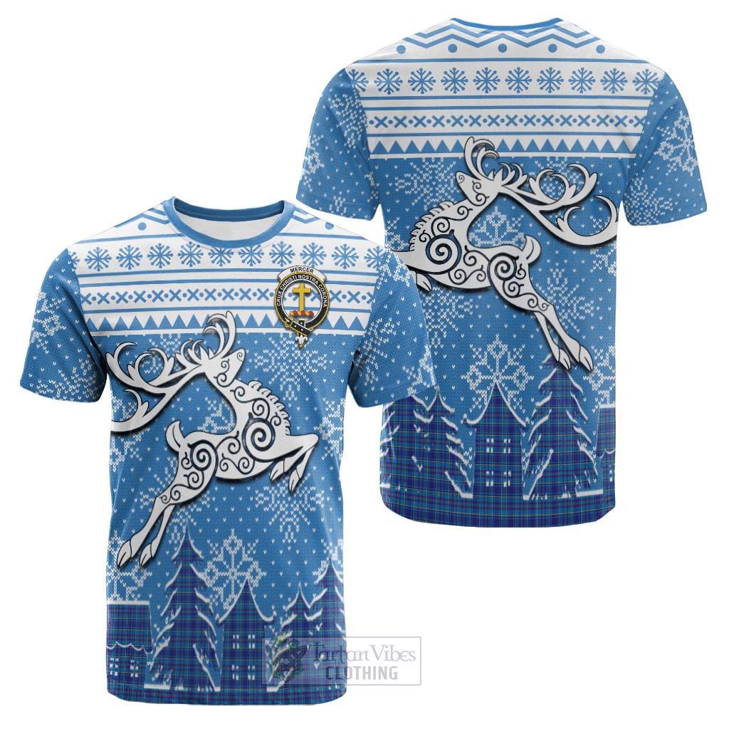 Tartan Vibes Clothing Mercer Clan Christmas Cotton T-shirt Celtic Reindeer Style