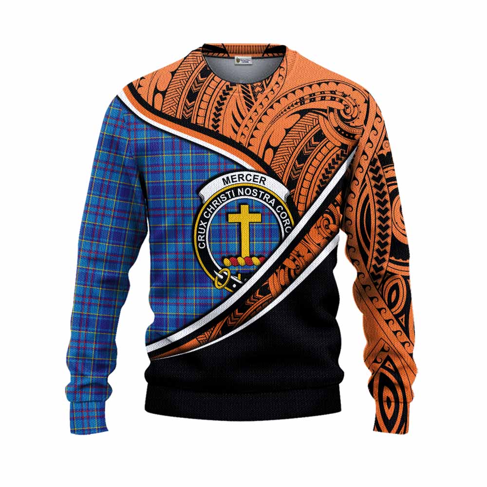 Tartan Vibes Clothing Mercer Crest Tartan Knitted Sweater with Maori Tattoo Style - Orange Version