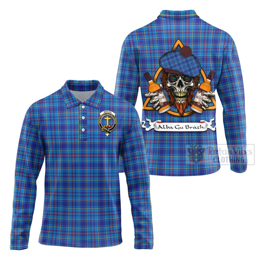 Tartan Vibes Clothing Mercer Tartan Long Sleeve Polo Shirt with Family Crest and Bearded Skull Holding Bottles of Whiskey