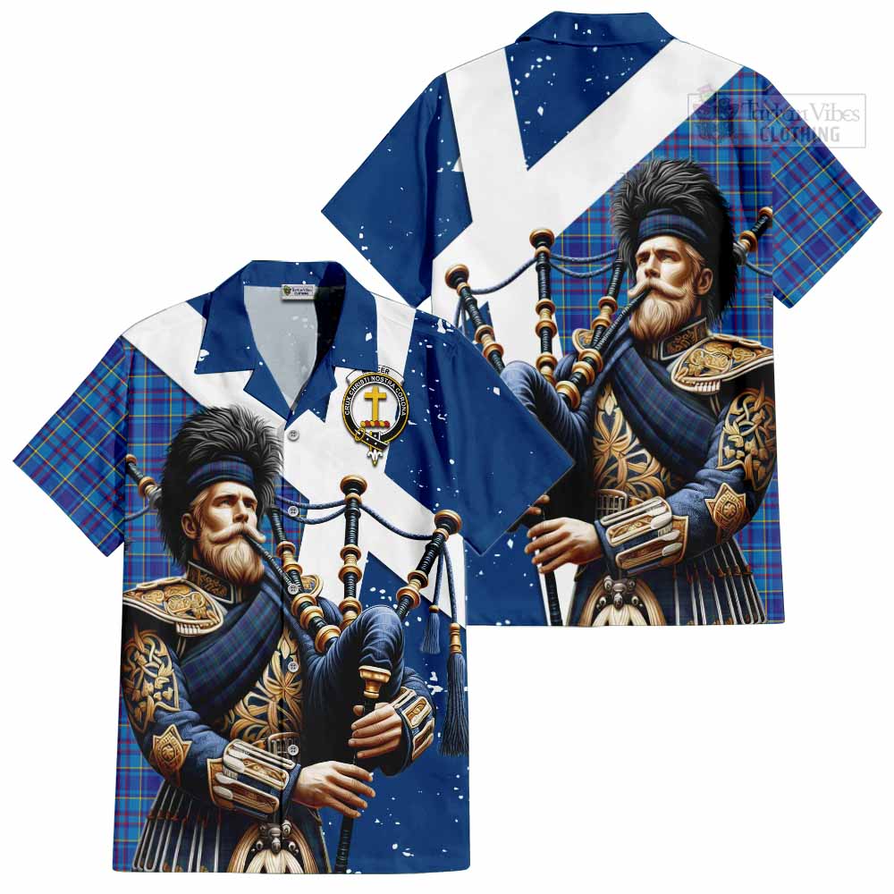 Tartan Vibes Clothing Mercer Tartan Short Sleeve Button Shirt with Family Crest Scottish Bagpiper Vibes