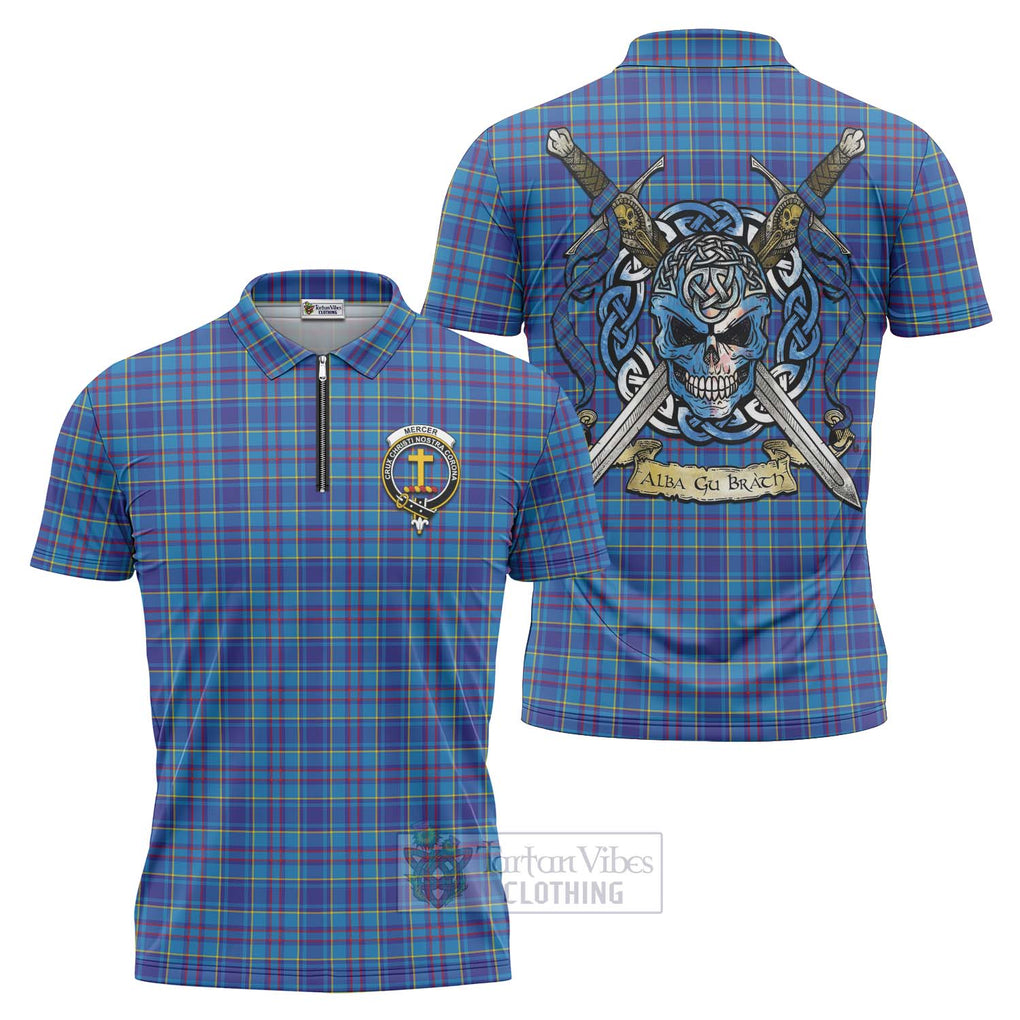 Tartan Vibes Clothing Mercer Tartan Zipper Polo Shirt with Family Crest Celtic Skull Style