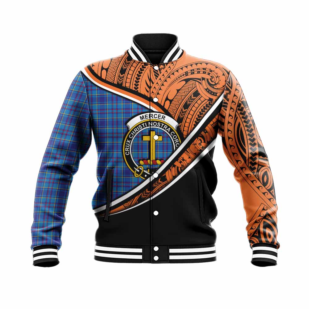 Tartan Vibes Clothing Mercer Crest Tartan Baseball Jacket with Maori Tattoo Style - Orange Version