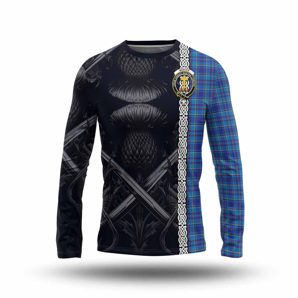 Tartan Vibes Clothing Mercer Tartan Long Sleeve T-Shirt with Family Crest Cross Sword Thistle Celtic Vibes