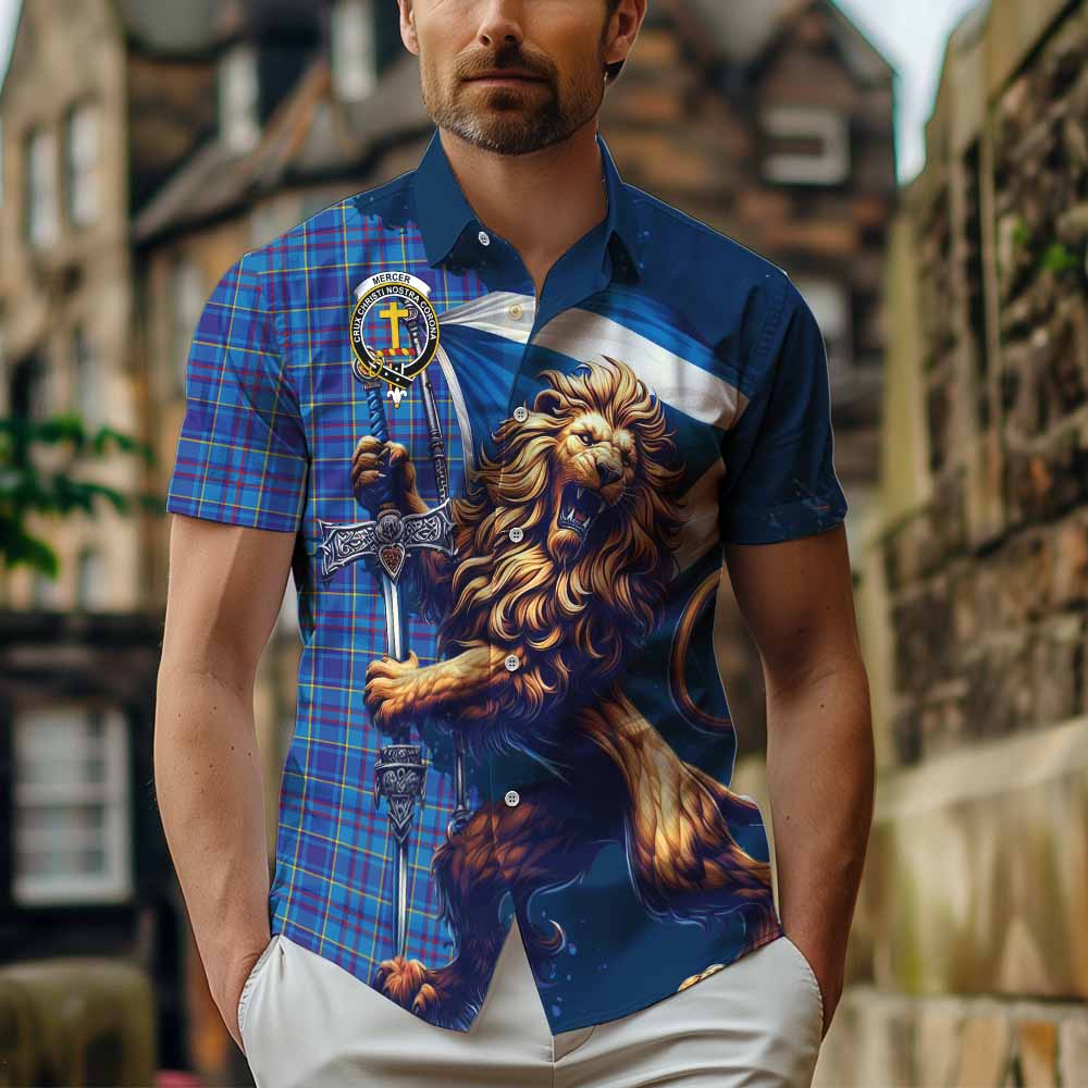 Tartan Vibes Clothing Mercer Tartan Family Crest Short Sleeve Button Shirt with Scottish Majestic Lion