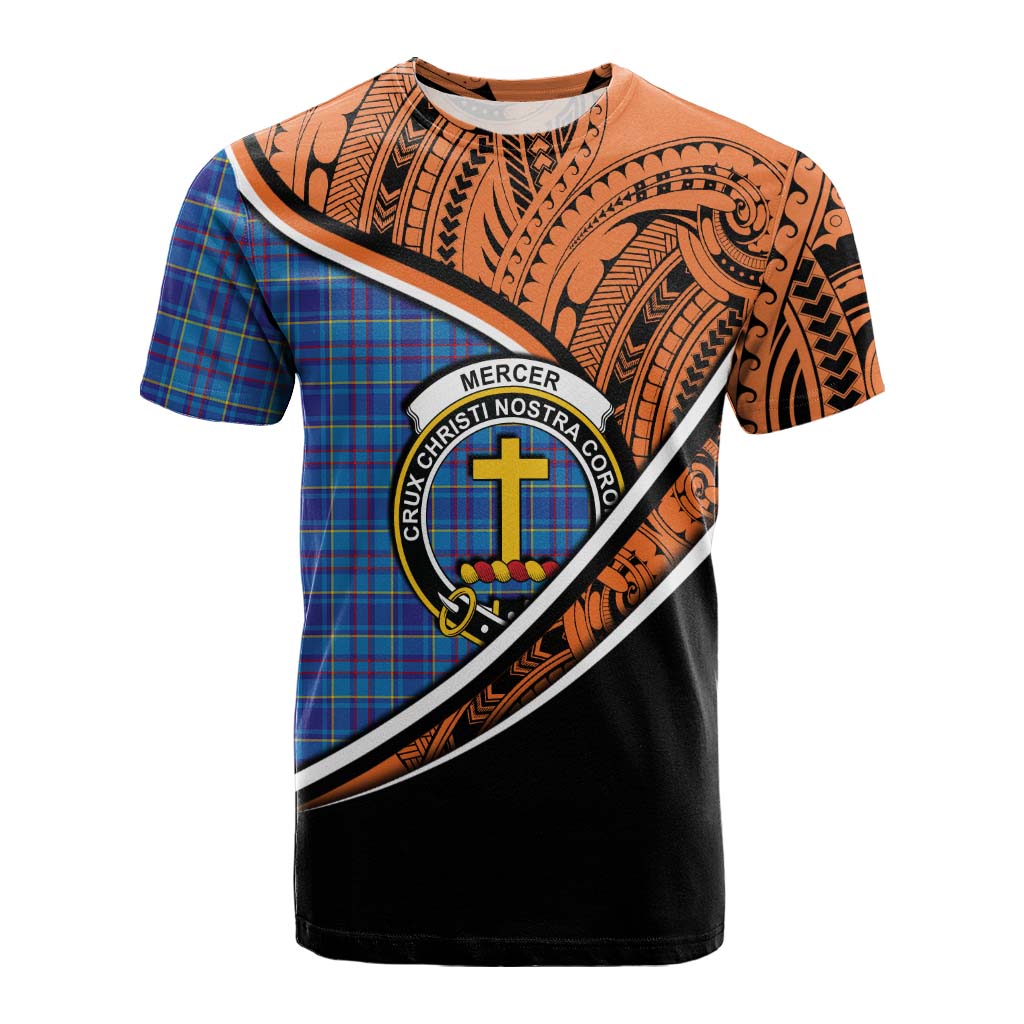 Tartan Vibes Clothing Mercer Crest Tartan Cotton T-shirt with Maori Tattoo Style - Orange Version