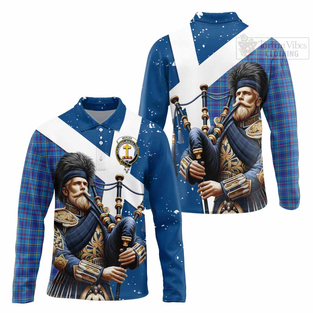 Tartan Vibes Clothing Mercer Tartan Long Sleeve Polo Shirt with Family Crest Scottish Bagpiper Vibes