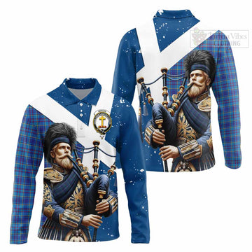 Mercer Tartan Long Sleeve Polo Shirt with Family Crest Scottish Bagpiper Vibes