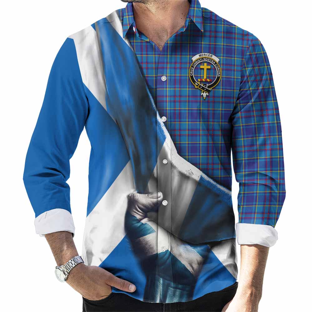 Tartan Vibes Clothing Mercer Tartan Long Sleeve Button Shirt with Family Crest Scotland Patriotic Style