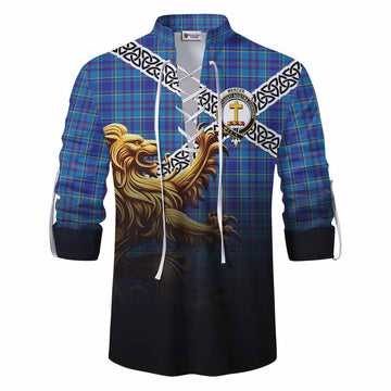 Mercer Crest Tartan Ghillie Kilt Shirt with Golden Lion Emblem Celtic Style Men - Tartan Vibes Clothing
