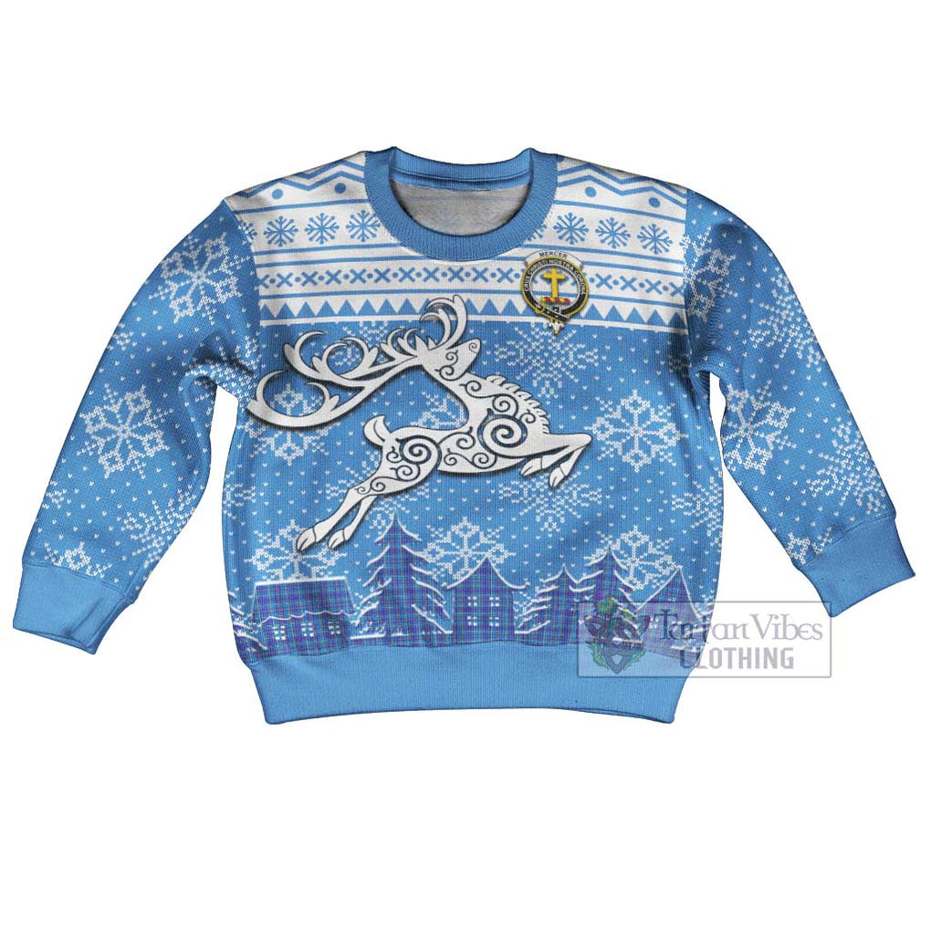 Tartan Vibes Clothing Mercer Clan Christmas Kid Ugly Sweater with Tartan and Celtic Raindeer Style