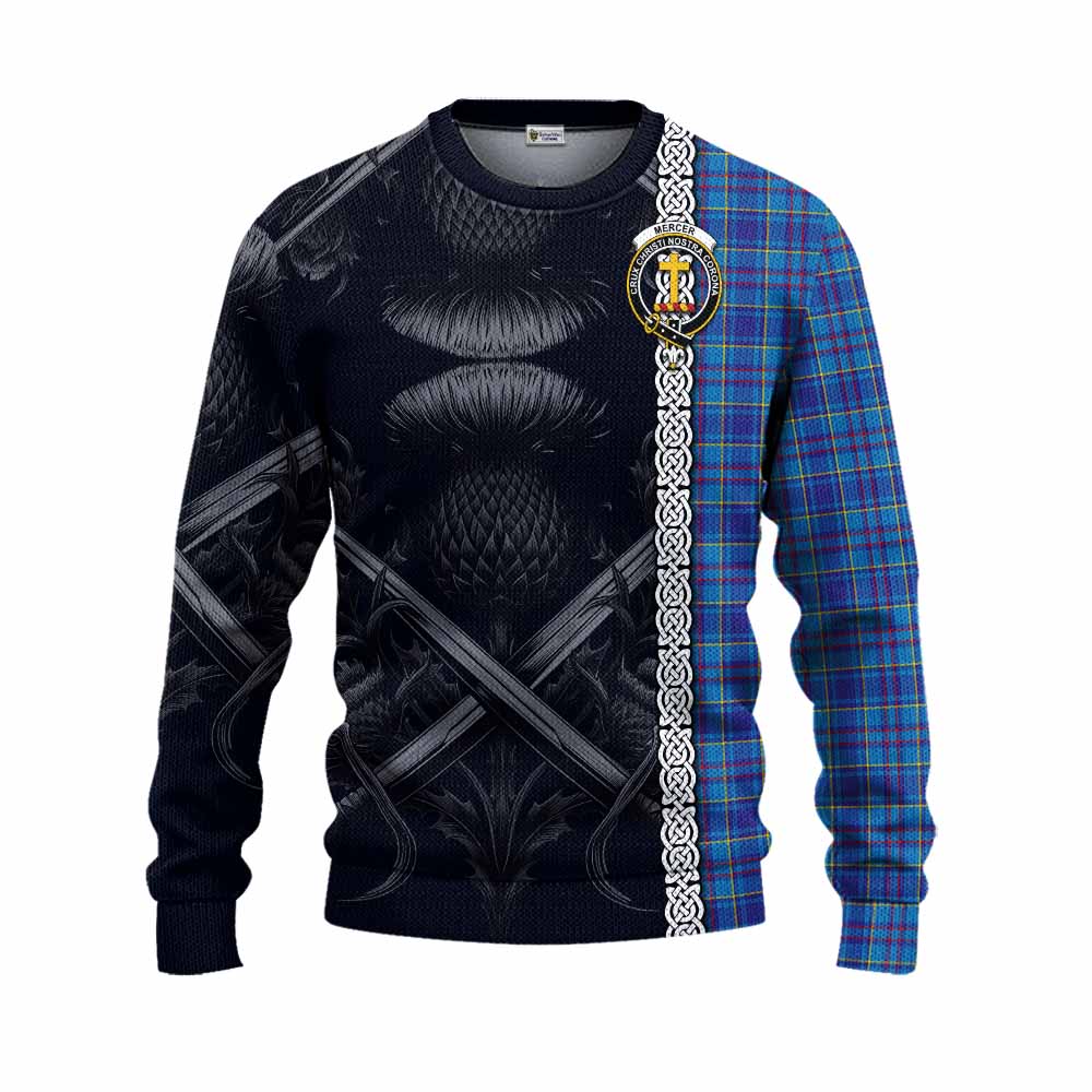 Tartan Vibes Clothing Mercer Tartan Knitted Sweater with Family Crest Cross Sword Thistle Celtic Vibes