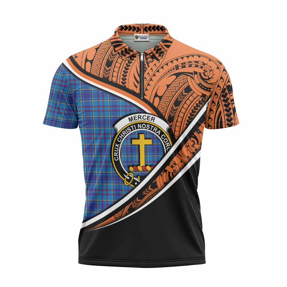 Tartan Vibes Clothing Mercer Crest Tartan Zipper Polo Shirt with Maori Tattoo Style - Orange Version