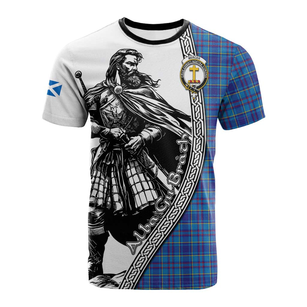 Mercer Tartan Clan Crest Cotton T-shirt with Highlander Warrior Celtic Style