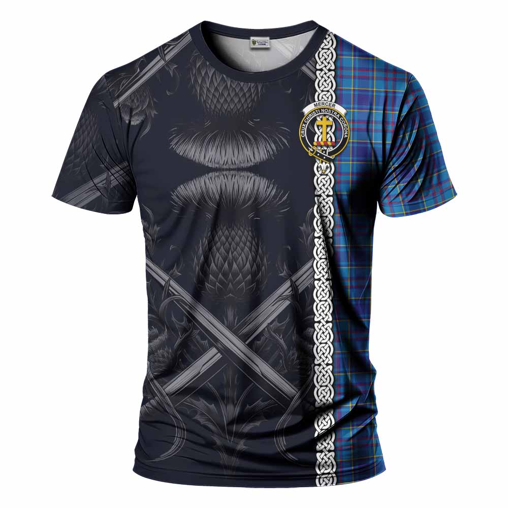 Tartan Vibes Clothing Mercer Tartan T-Shirt with Family Crest Cross Sword Thistle Celtic Vibes