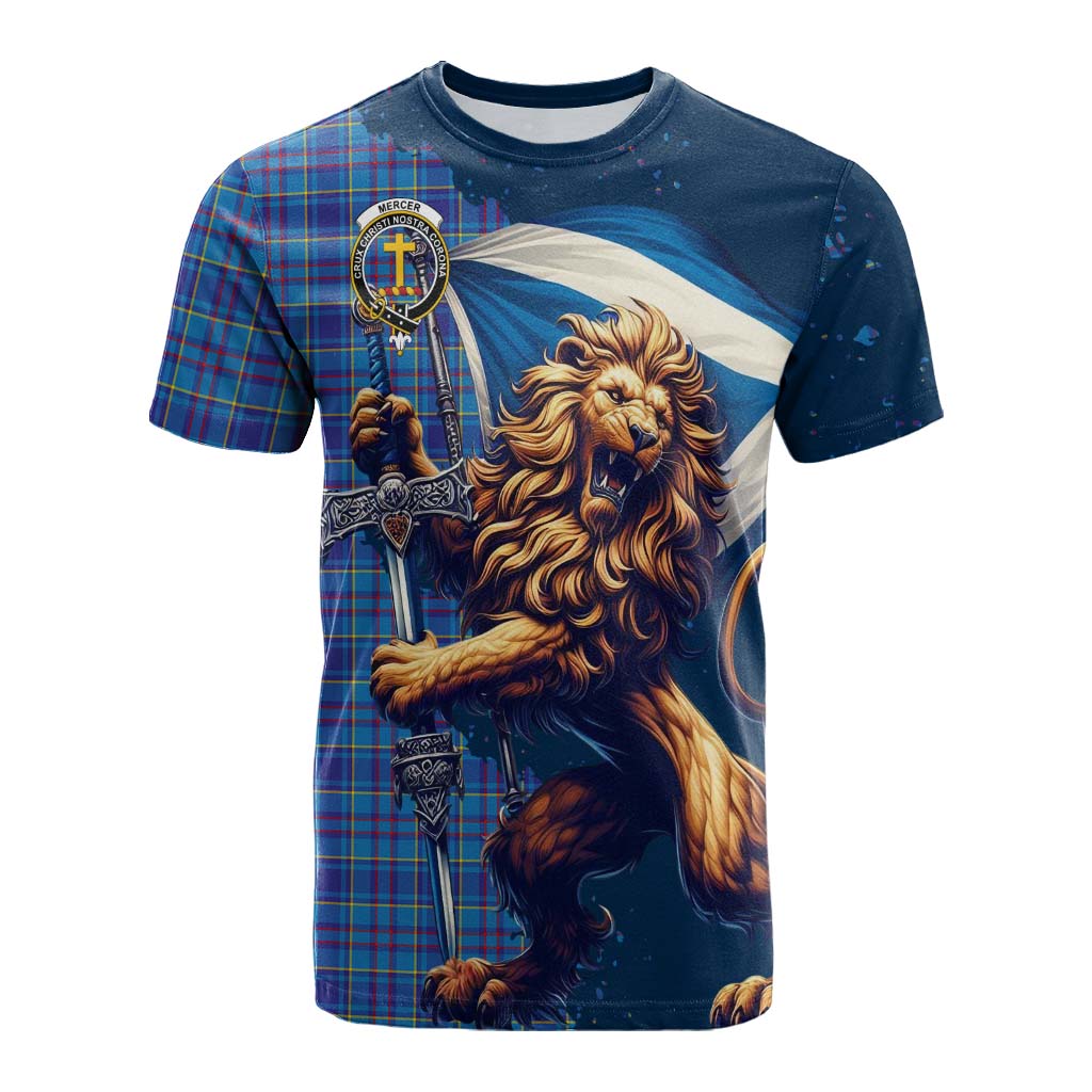 Tartan Vibes Clothing Mercer Tartan Family Crest Cotton T-shirt with Scottish Majestic Lion