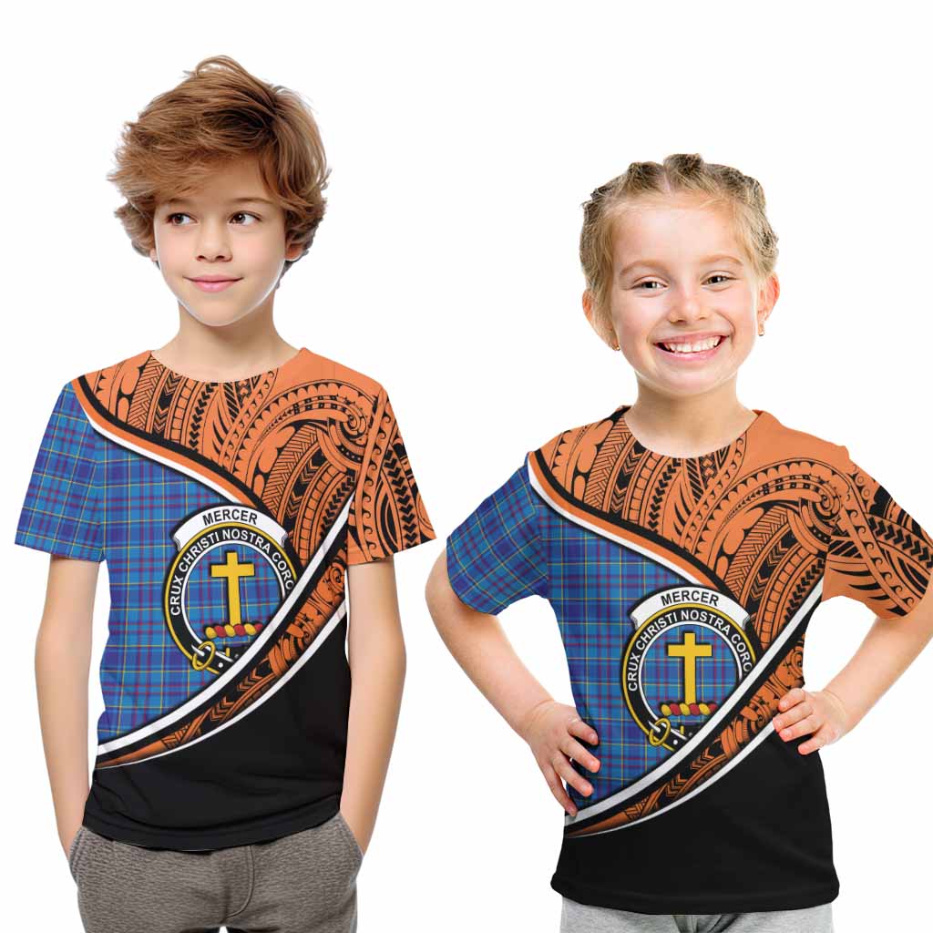 Tartan Vibes Clothing Mercer Crest Tartan Kid T-Shirt with Maori Tattoo Style - Orange Version