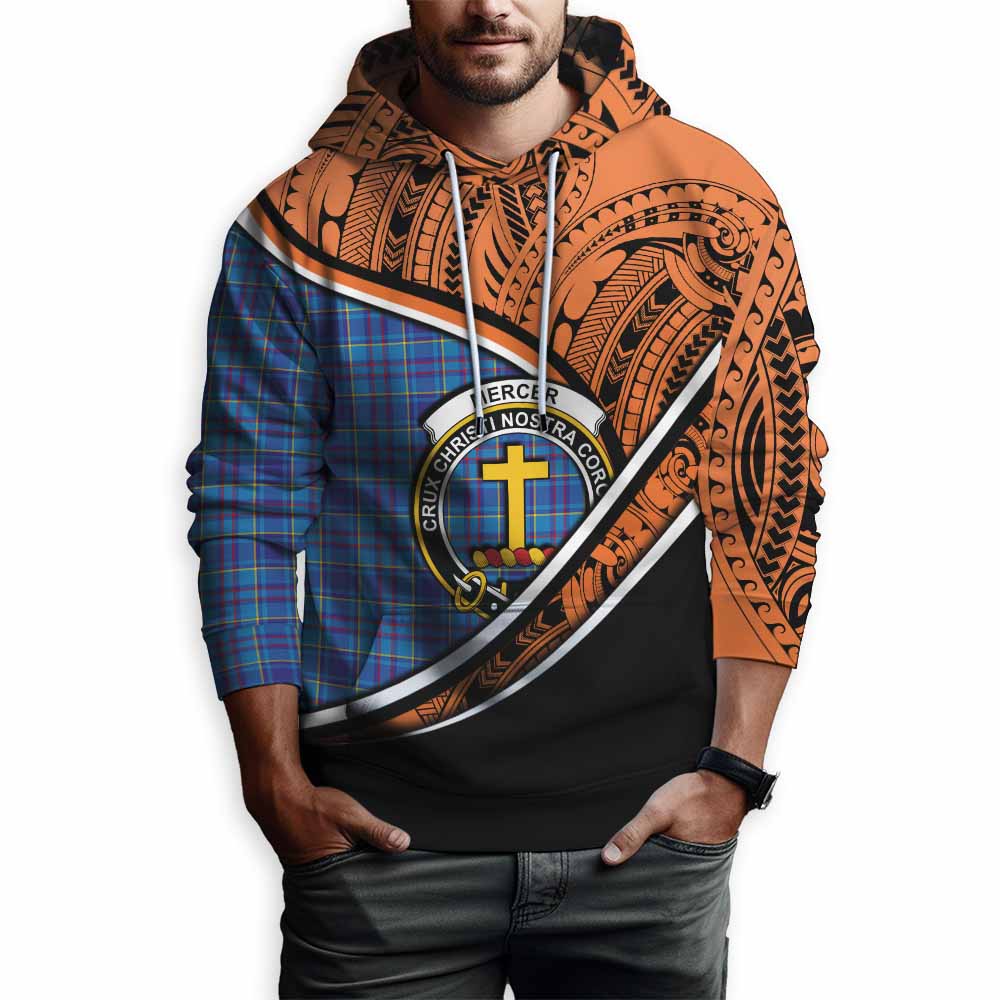 Tartan Vibes Clothing Mercer Crest Tartan Hoodie with Maori Tattoo Style - Orange Version