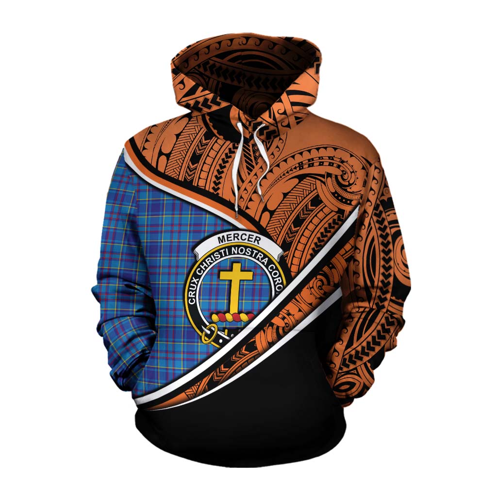 Tartan Vibes Clothing Mercer Crest Tartan Cotton Hoodie with Maori Tattoo Style - Orange Version