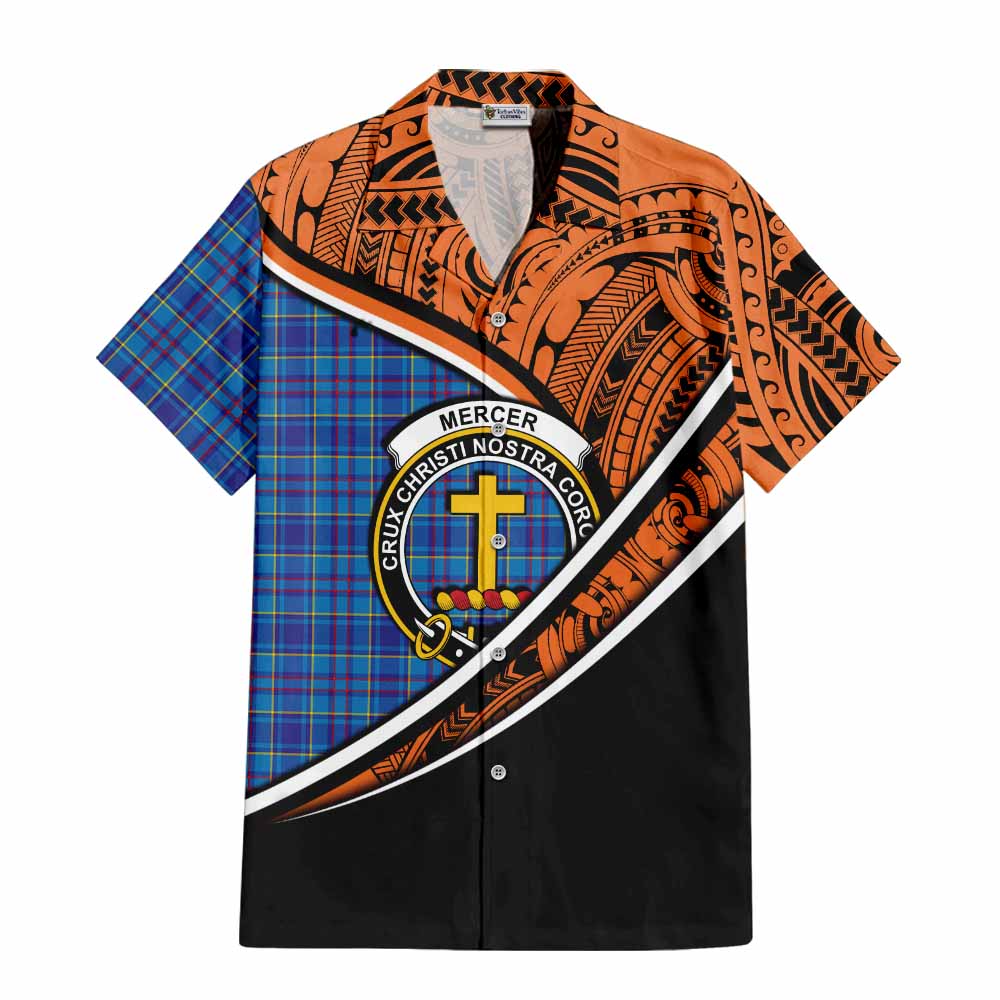 Tartan Vibes Clothing Mercer Crest Tartan Short Sleeve Button Shirt with Maori Tattoo Style - Orange Version