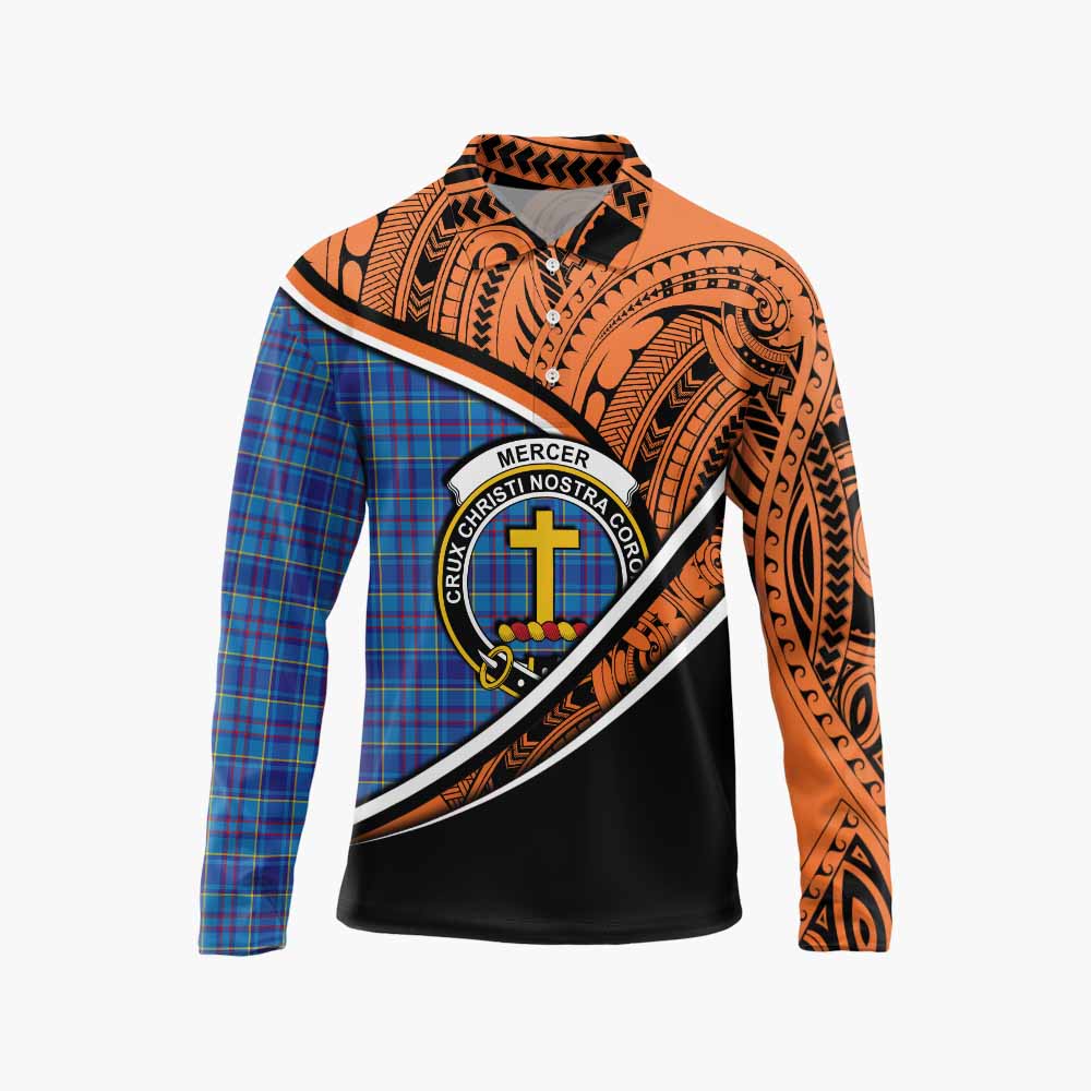 Tartan Vibes Clothing Mercer Crest Tartan Long Sleeve Polo Shirt with Maori Tattoo Style - Orange Version