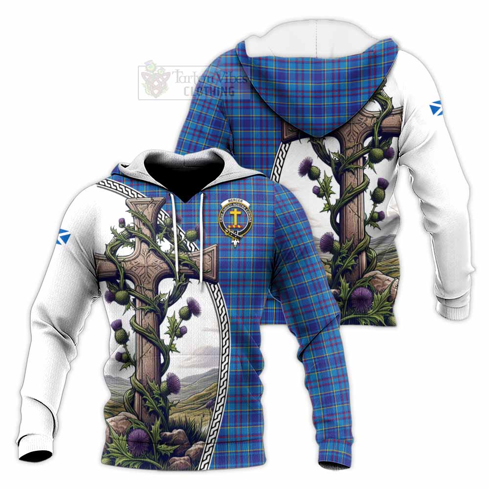 Tartan Vibes Clothing Mercer Tartan Knitted Hoodie with Family Crest and St. Andrew's Cross Accented by Thistle Vines