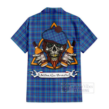 Mercer Tartan Short Sleeve Button Shirt with Family Crest and Bearded Skull Holding Bottles of Whiskey