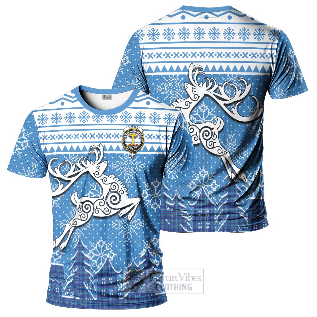 Tartan Vibes Clothing Mercer Clan Christmas T-Shirt Celtic Reindeer Style