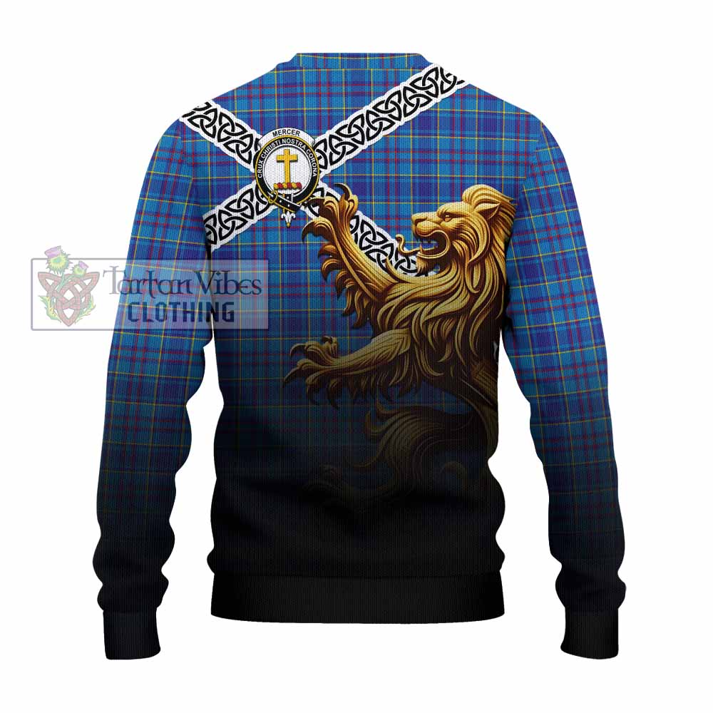 Mercer Crest Tartan Knitted Sweater with Golden Lion Emblem Celtic Style - Tartan Vibes Clothing