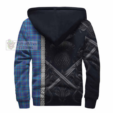 Mercer Tartan Sherpa Hoodie with Family Crest Cross Sword Thistle Celtic Vibes