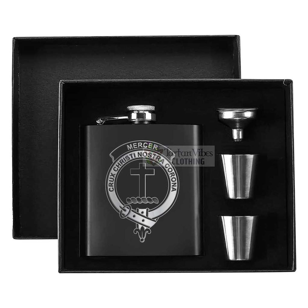 Tartan Vibes Clothing Mercer Crest Hip Flask Set 7oz Black Stainless Steel with A Gift Box