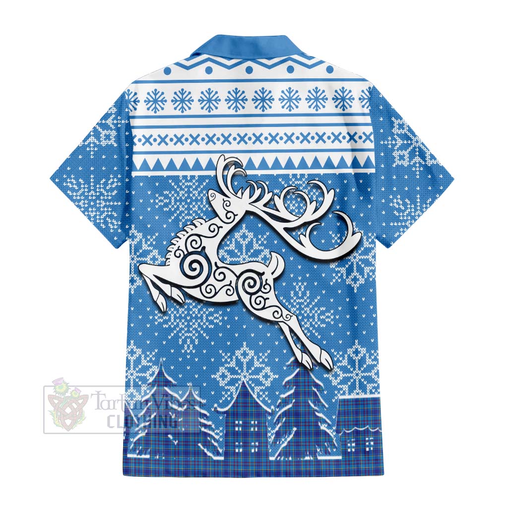 Tartan Vibes Clothing Mercer Clan Christmas Short Sleeve Button Shirt Celtic Reindeer Style