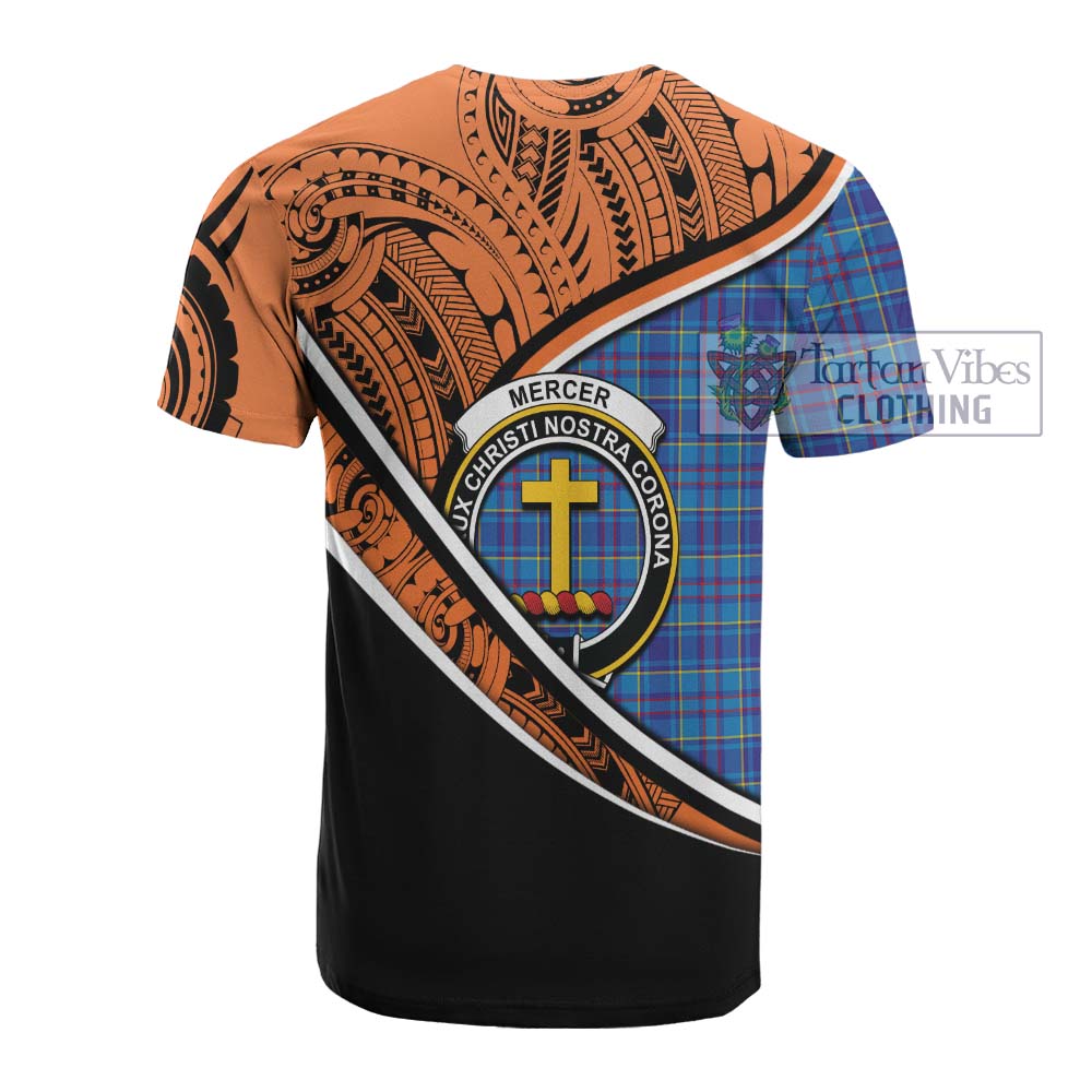 Tartan Vibes Clothing Mercer Crest Tartan Cotton T-shirt with Maori Tattoo Style - Orange Version