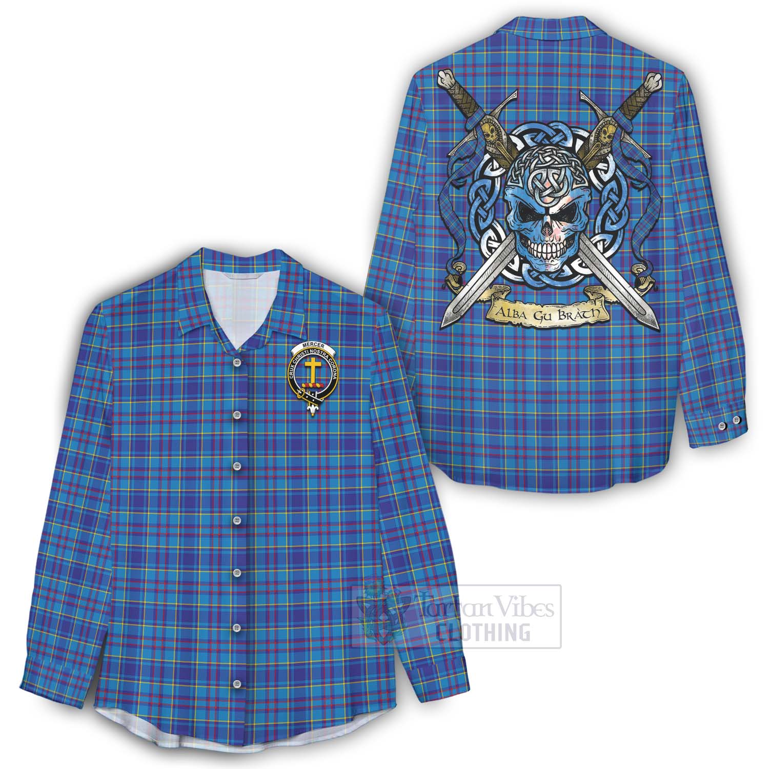 Tartan Vibes Clothing Mercer Tartan Women's Casual Shirt with Family Crest Celtic Skull Style