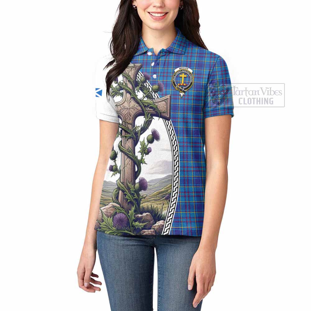 Tartan Vibes Clothing Mercer Tartan Women's Polo Shirt with Family Crest and St. Andrew's Cross Accented by Thistle Vines