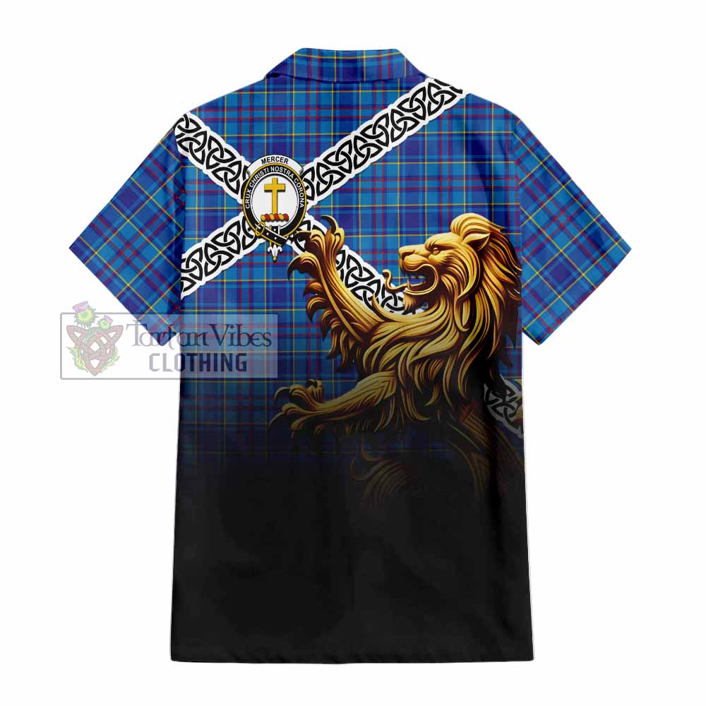Mercer Crest Tartan Hawaiian Shirt with Golden Lion Emblem Celtic Style - Tartan Vibes Clothing