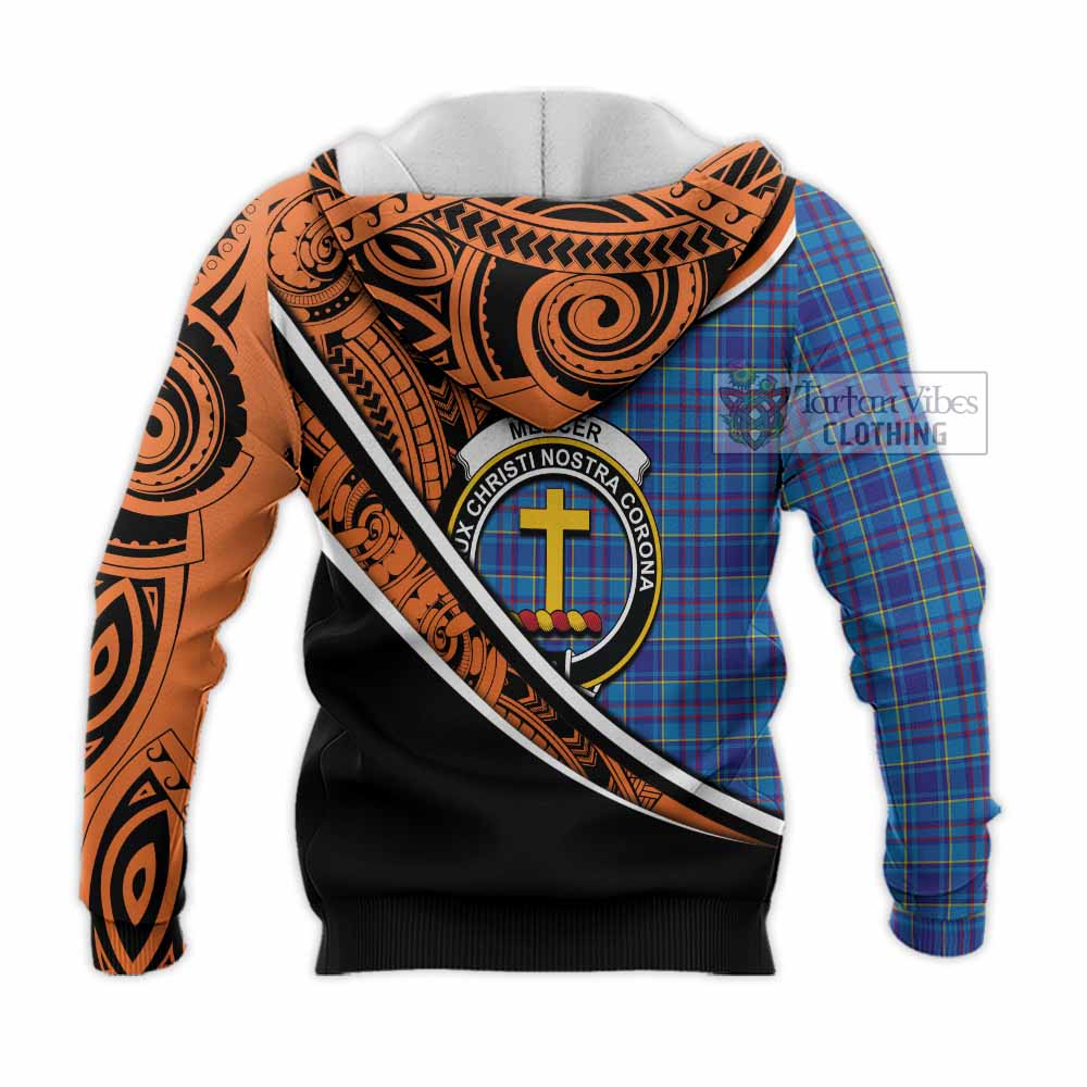 Tartan Vibes Clothing Mercer Crest Tartan Knitted Hoodie with Maori Tattoo Style - Orange Version