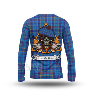 Mercer Tartan Long Sleeve T-Shirt with Family Crest and Bearded Skull Holding Bottles of Whiskey