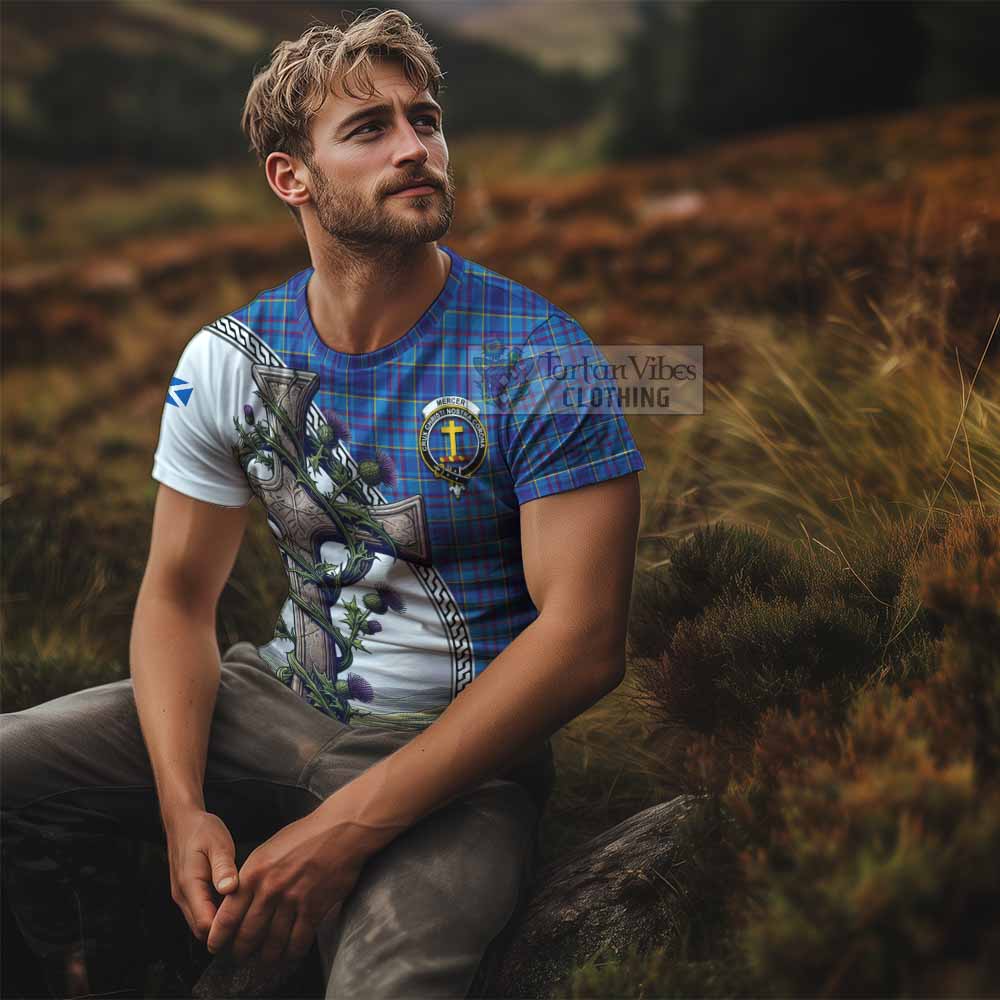 Tartan Vibes Clothing Mercer Agnew Tartan T-Shirt with Family Crest and St. Andrew's Cross Accented by Thistle Vines