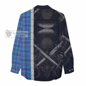 Mercer Tartan Women's Casual Shirt with Family Crest Cross Sword Thistle Celtic Vibes