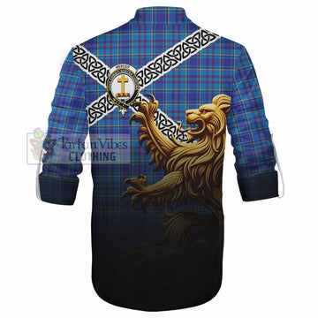 Mercer Crest Tartan Ghillie Kilt Shirt with Golden Lion Emblem Celtic Style - Tartan Vibes Clothing