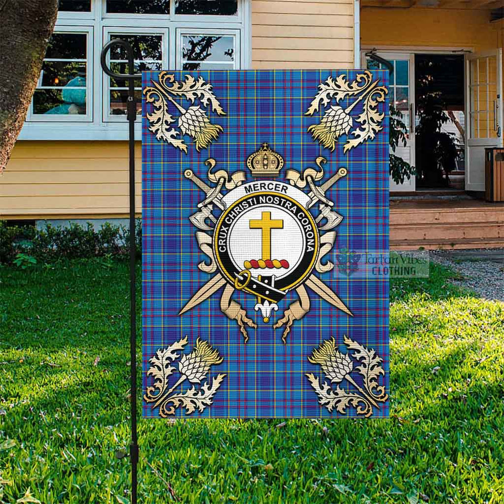 Tartan Vibes Clothing Mercer Tartan Flag with Family Crest and Golden Thistle Crossed Sword Design