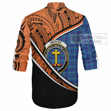 Mercer Crest Tartan Ghillie Kilt Shirt with Polynesian Vibes Style - Orange Version