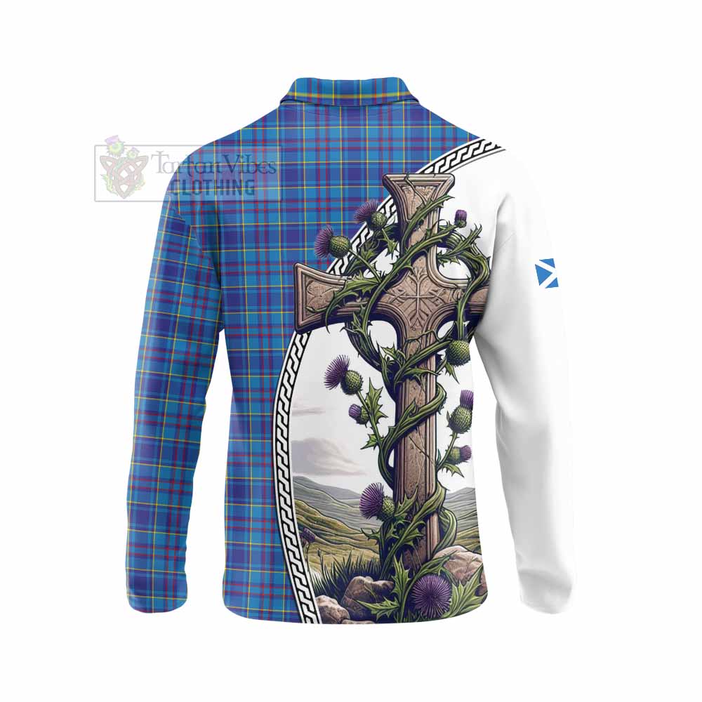 Tartan Vibes Clothing Mercer Tartan Long Sleeve Polo Shirt with Family Crest and St. Andrew's Cross Accented by Thistle Vines