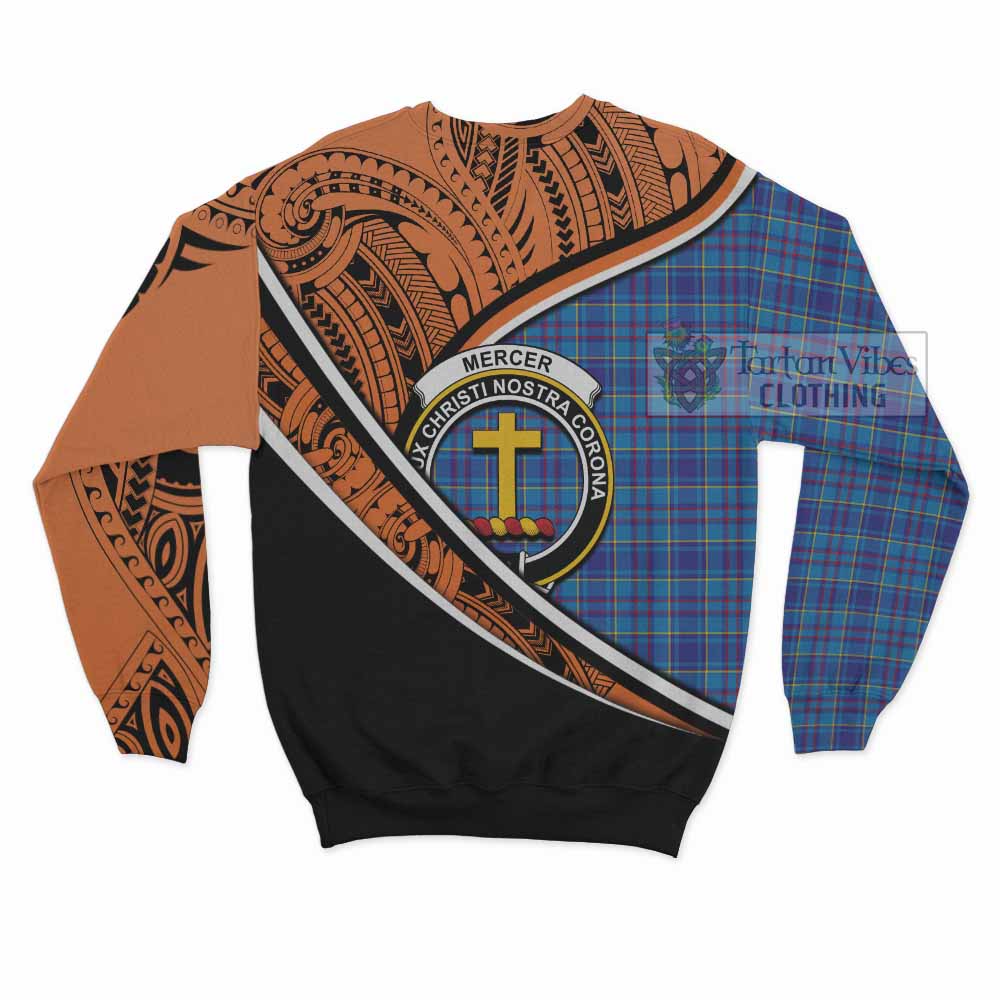 Tartan Vibes Clothing Mercer Crest Tartan Sweatshirt with Maori Tattoo Style - Orange Version