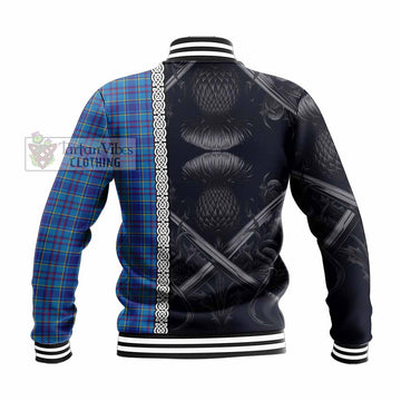 Mercer Tartan Baseball Jacket with Family Crest Cross Sword Thistle Celtic Vibes