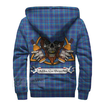 Mercer Tartan Sherpa Hoodie with Family Crest and Bearded Skull Holding Bottles of Whiskey