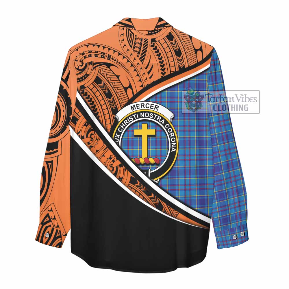 Tartan Vibes Clothing Mercer Crest Tartan Women's Casual Shirt with Maori Tattoo Style - Orange Version