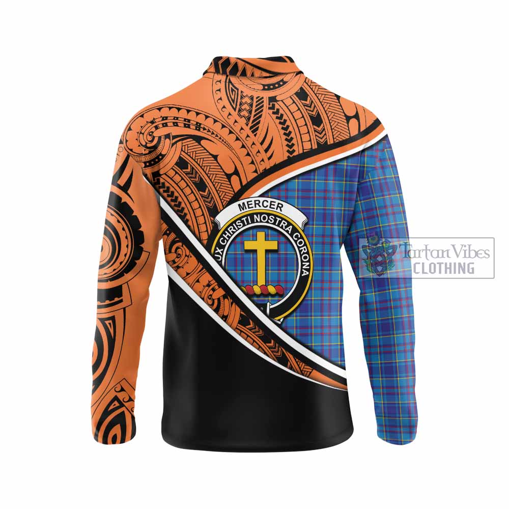 Tartan Vibes Clothing Mercer Crest Tartan Long Sleeve Polo Shirt with Maori Tattoo Style - Orange Version