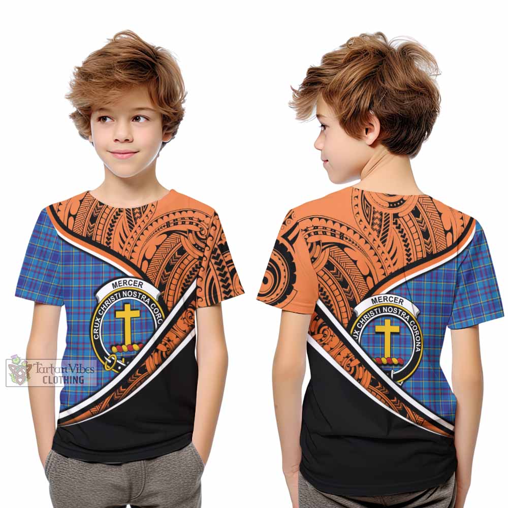 Tartan Vibes Clothing Mercer Crest Tartan Kid T-Shirt with Maori Tattoo Style - Orange Version