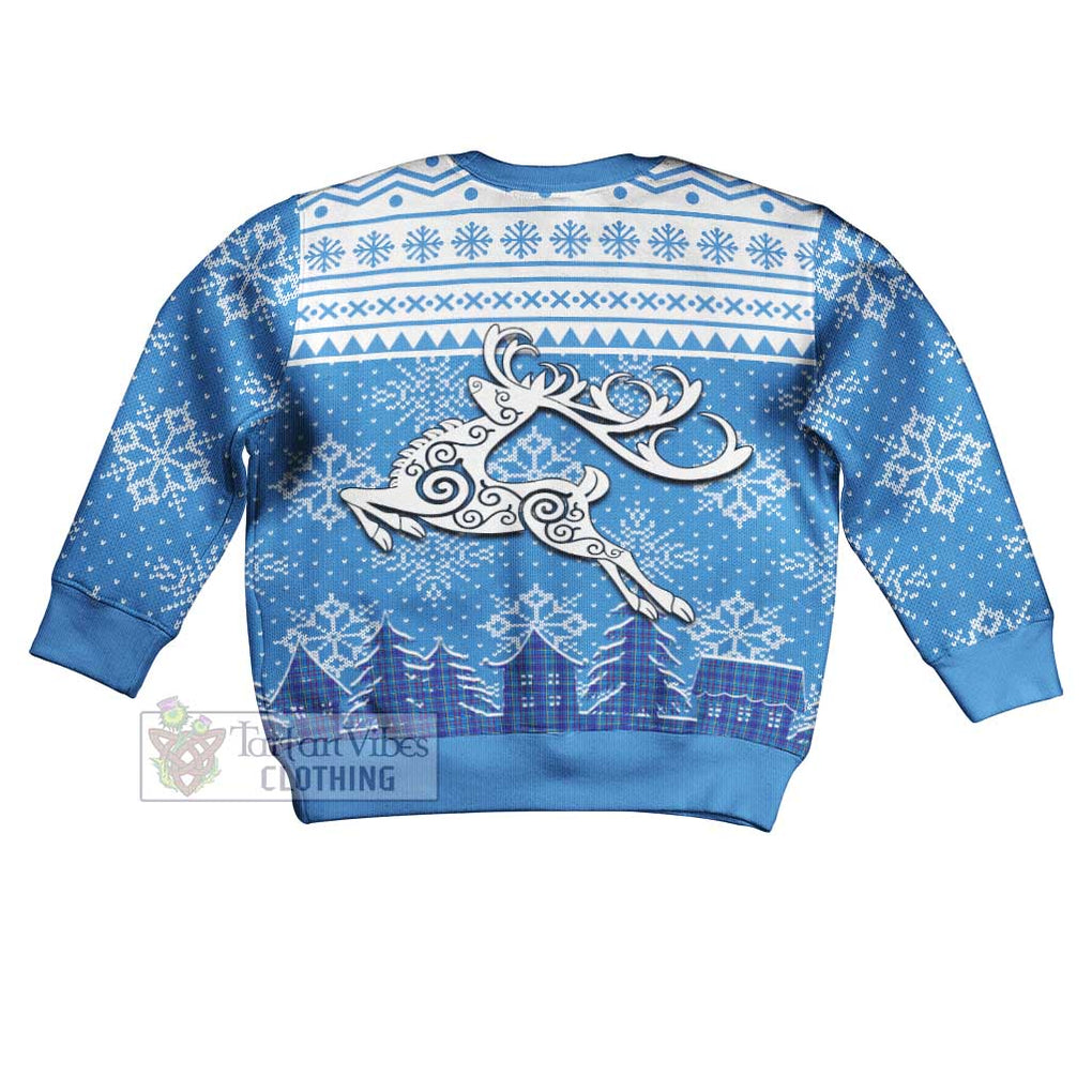 Tartan Vibes Clothing Mercer Clan Christmas Kid Ugly Sweater with Tartan and Celtic Raindeer Style